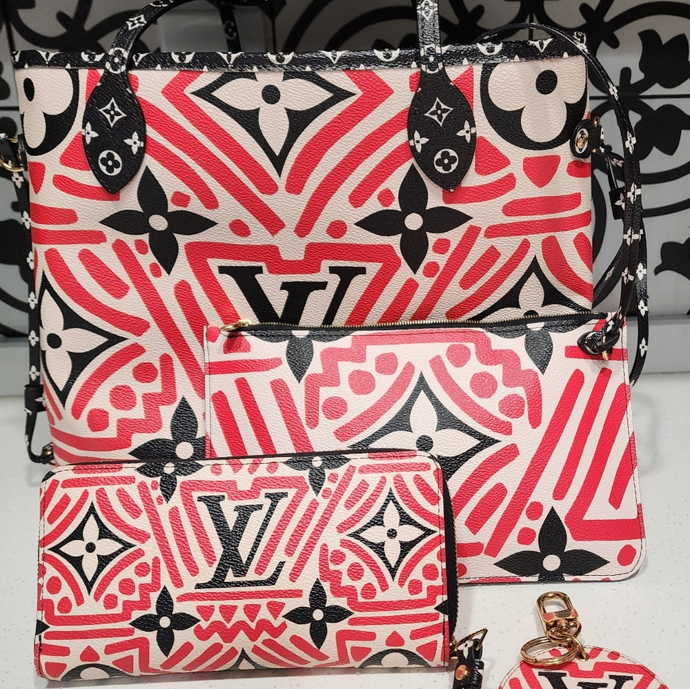 L Vuitton L E Red Escale Giant Neverfull MM Bag Pouchette Zippy Wallet & Key Set